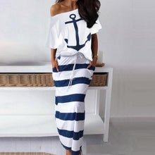 Load image into Gallery viewer, Women Off Shoulder Blouses T-shirt &amp; Striped Maxi Dress Summer Slim Slash Neck 2 Pieces Sets Female Casual Ankle-Length Dress
