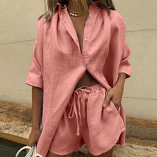 Load image into Gallery viewer, Casual Womem Yellow Lounge Wear Summer Tracksuit Shorts Set Long Sleeve Shirt Tops And Mini Shorts Suit 2021 New Two Piece Set
