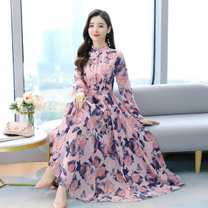 2021 Summer Boho Black Pink Chiffon Beach Maxi Dress Vintage 4XL Plus Size Long Sleeve Women Dress Elegant Party Dresses Vestido