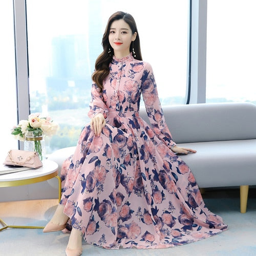 2021 Summer Boho Black Pink Chiffon Beach Maxi Dress Vintage 4XL Plus Size Long Sleeve Women Dress Elegant Party Dresses Vestido