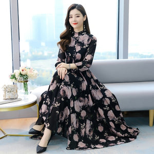 2021 Summer Boho Black Pink Chiffon Beach Maxi Dress Vintage 4XL Plus Size Long Sleeve Women Dress Elegant Party Dresses Vestido