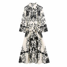 Load image into Gallery viewer, Zevity Women Vintage Totem Floral Print Bow Sashes Midi Shirt Dress Female Chic Three Quarter Sleeve Casual Slim Vestidos DS8361
