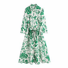 Load image into Gallery viewer, Zevity Women Vintage Totem Floral Print Bow Sashes Midi Shirt Dress Female Chic Three Quarter Sleeve Casual Slim Vestidos DS8361
