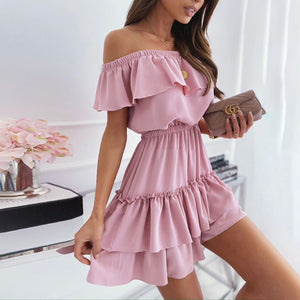 Casual Fashion Pink Slash Neck Mini Dress Women 2021 Summer Sexy Off-shoulder Ruffle Stitching Dress Woman Elegant Party Dresses