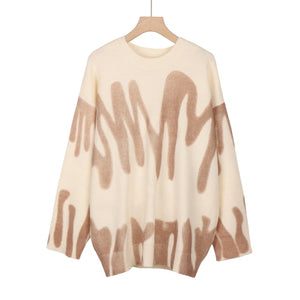 Print Knitted Sweater Women Elegant Green Striped Oversized Pullovers Women Winter Loose Long Sweaters Streetwear Sueter Mujer