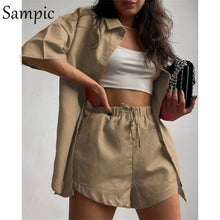 Load image into Gallery viewer, Sampic Loung Wear Tracksuit Women Shorts Set Stripe Long Sleeve Shirt Tops And Loose High Waisted Mini Shorts Two Piece Set 2021
