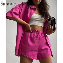 Load image into Gallery viewer, Sampic Loung Wear Tracksuit Women Shorts Set Stripe Long Sleeve Shirt Tops And Loose High Waisted Mini Shorts Two Piece Set 2021
