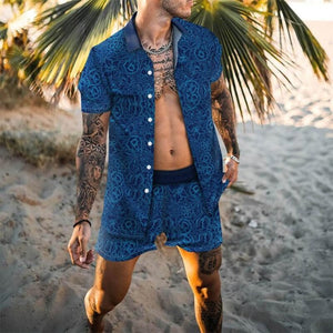 Men Hawaiian Printing 2021Summer Short Sleeve Button Shirt Beach Shorts Streetwear  Mens  Casual Beach Wear Clothes