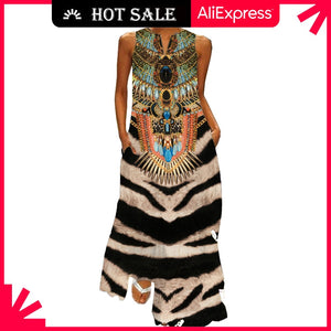MOVOKAKA Vintage Tiger Print Dress 2021 V Neck Casual Holiday Long Dresses Summer Woman Sleeveless Girls Beach Maxi Dress Women