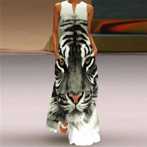 MOVOKAKA Vintage Tiger Print Dress 2021 V Neck Casual Holiday Long Dresses Summer Woman Sleeveless Girls Beach Maxi Dress Women