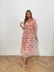 ISAROSE 2021 Strawberry Dress Women Fashion Deep V Puff Sleeve Sweet Voile Mesh Sequins Embroidery French Party Dresses 4XL 5XL