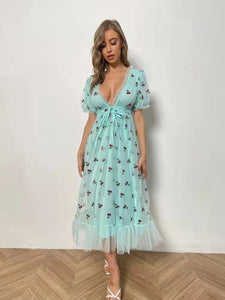 ISAROSE 2021 Strawberry Dress Women Fashion Deep V Puff Sleeve Sweet Voile Mesh Sequins Embroidery French Party Dresses 4XL 5XL