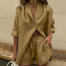 Load image into Gallery viewer, Casual Womem Yellow Lounge Wear Summer Tracksuit Shorts Set Long Sleeve Shirt Tops And Mini Shorts Suit 2021 New Two Piece Set
