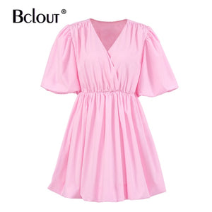 Bclout Elegant V Neck White Pink Bodycon Dress Women Summer Puff Sleeve Pleated Short Dresses Office Fit And Flare Vestido 2021