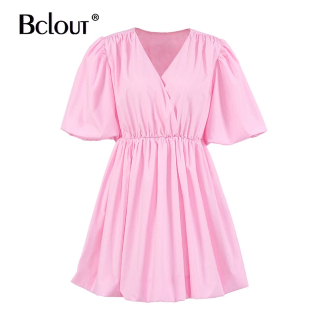 Bclout Elegant V Neck White Pink Bodycon Dress Women Summer Puff Sleeve Pleated Short Dresses Office Fit And Flare Vestido 2021