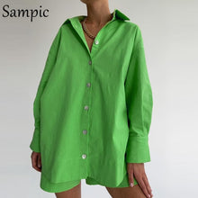 Load image into Gallery viewer, Sampic Loung Wear Tracksuit Women Shorts Set Stripe Long Sleeve Shirt Tops And Loose High Waisted Mini Shorts Two Piece Set 2021
