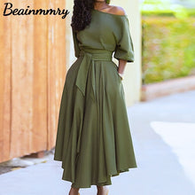 Load image into Gallery viewer, Women Elegant Sexy Off Shoulder Party Dress 2021 Summer Tie-Up A-Line Dress Office Lady Casual Short Sleeve Pocket Dress Vestido
