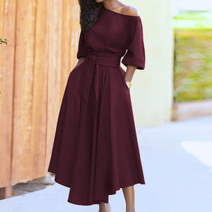 Women Elegant Sexy Off Shoulder Party Dress 2021 Summer Tie-Up A-Line Dress Office Lady Casual Short Sleeve Pocket Dress Vestido