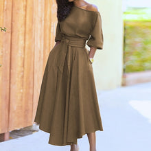Load image into Gallery viewer, Women Elegant Sexy Off Shoulder Party Dress 2021 Summer Tie-Up A-Line Dress Office Lady Casual Short Sleeve Pocket Dress Vestido
