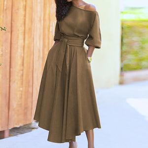 Women Elegant Sexy Off Shoulder Party Dress 2021 Summer Tie-Up A-Line Dress Office Lady Casual Short Sleeve Pocket Dress Vestido