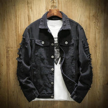 Load image into Gallery viewer, 2021 Autumn New Men&#39;s Jean Jacket Slim Fit Cotton Denim Jacket Red White Black Ripped Hole Jean Coats Men Outwear Plus size
