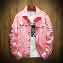 Load image into Gallery viewer, 2021 Autumn New Men&#39;s Jean Jacket Slim Fit Cotton Denim Jacket Red White Black Ripped Hole Jean Coats Men Outwear Plus size
