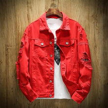 Load image into Gallery viewer, 2021 Autumn New Men&#39;s Jean Jacket Slim Fit Cotton Denim Jacket Red White Black Ripped Hole Jean Coats Men Outwear Plus size

