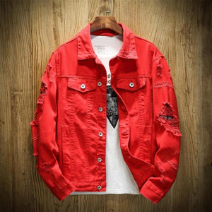 2021 Autumn New Men's Jean Jacket Slim Fit Cotton Denim Jacket Red White Black Ripped Hole Jean Coats Men Outwear Plus size