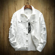 Load image into Gallery viewer, 2021 Autumn New Men&#39;s Jean Jacket Slim Fit Cotton Denim Jacket Red White Black Ripped Hole Jean Coats Men Outwear Plus size
