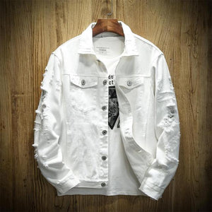 2021 Autumn New Men's Jean Jacket Slim Fit Cotton Denim Jacket Red White Black Ripped Hole Jean Coats Men Outwear Plus size