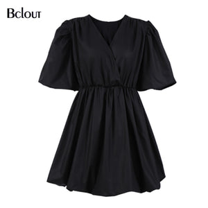 Bclout Elegant V Neck White Pink Bodycon Dress Women Summer Puff Sleeve Pleated Short Dresses Office Fit And Flare Vestido 2021