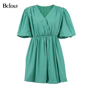 Bclout Elegant V Neck White Pink Bodycon Dress Women Summer Puff Sleeve Pleated Short Dresses Office Fit And Flare Vestido 2021