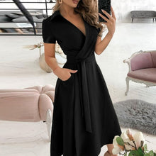 Load image into Gallery viewer, Women Elegant Sexy Off Shoulder Party Dress 2021 Summer Tie-Up A-Line Dress Office Lady Casual Short Sleeve Pocket Dress Vestido
