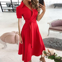 Load image into Gallery viewer, Women Elegant Sexy Off Shoulder Party Dress 2021 Summer Tie-Up A-Line Dress Office Lady Casual Short Sleeve Pocket Dress Vestido
