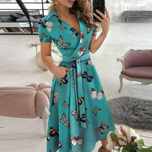 Load image into Gallery viewer, Women Elegant Sexy Off Shoulder Party Dress 2021 Summer Tie-Up A-Line Dress Office Lady Casual Short Sleeve Pocket Dress Vestido
