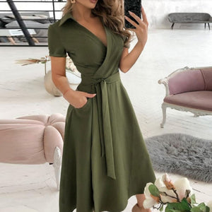 Women Elegant Sexy Off Shoulder Party Dress 2021 Summer Tie-Up A-Line Dress Office Lady Casual Short Sleeve Pocket Dress Vestido