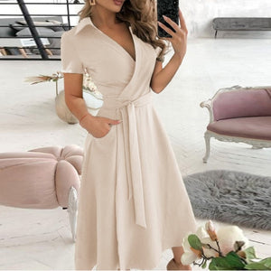 Women Elegant Sexy Off Shoulder Party Dress 2021 Summer Tie-Up A-Line Dress Office Lady Casual Short Sleeve Pocket Dress Vestido