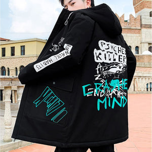 Autumn Winter New Hip Hop Men's Plush Thicken Overcoat Warm Streetwear Mid-Long Length Printed Jacket with Detachable Fur Collar