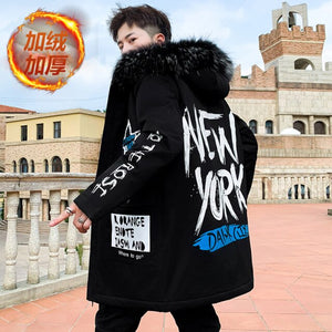 Autumn Winter New Hip Hop Men's Plush Thicken Overcoat Warm Streetwear Mid-Long Length Printed Jacket with Detachable Fur Collar