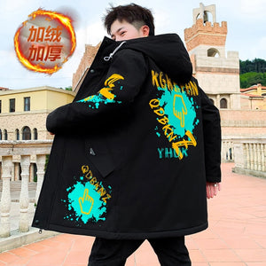 Autumn Winter New Hip Hop Men's Plush Thicken Overcoat Warm Streetwear Mid-Long Length Printed Jacket with Detachable Fur Collar