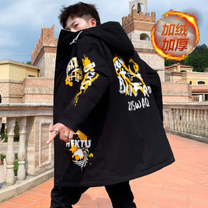 Autumn Winter New Hip Hop Men's Plush Thicken Overcoat Warm Streetwear Mid-Long Length Printed Jacket with Detachable Fur Collar