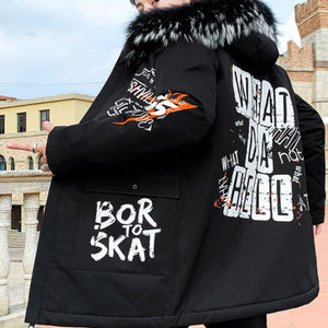 Autumn Winter New Hip Hop Men's Plush Thicken Overcoat Warm Streetwear Mid-Long Length Printed Jacket with Detachable Fur Collar