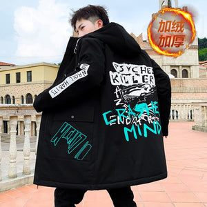 Autumn Winter New Hip Hop Men's Plush Thicken Overcoat Warm Streetwear Mid-Long Length Printed Jacket with Detachable Fur Collar