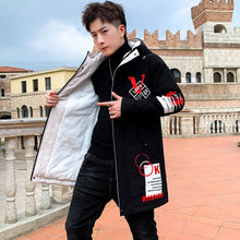 Load image into Gallery viewer, Autumn Winter New Hip Hop Men&#39;s Plush Thicken Overcoat Warm Streetwear Mid-Long Length Printed Jacket with Detachable Fur Collar
