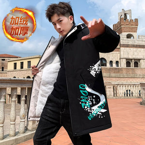 Autumn Winter New Hip Hop Men's Plush Thicken Overcoat Warm Streetwear Mid-Long Length Printed Jacket with Detachable Fur Collar