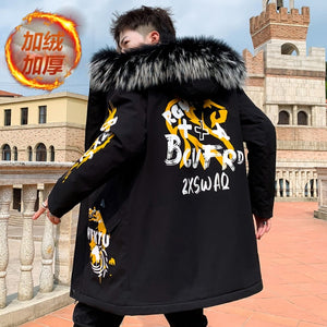 Autumn Winter New Hip Hop Men's Plush Thicken Overcoat Warm Streetwear Mid-Long Length Printed Jacket with Detachable Fur Collar