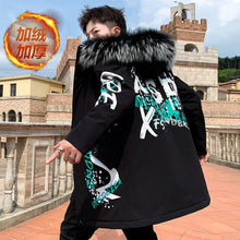 Load image into Gallery viewer, Autumn Winter New Hip Hop Men&#39;s Plush Thicken Overcoat Warm Streetwear Mid-Long Length Printed Jacket with Detachable Fur Collar
