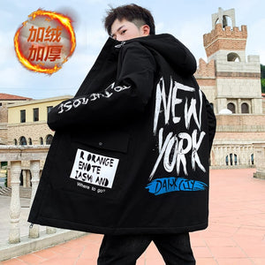 Autumn Winter New Hip Hop Men's Plush Thicken Overcoat Warm Streetwear Mid-Long Length Printed Jacket with Detachable Fur Collar