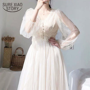 Dress Women 2021 Spring Plus Size Midi Dresses Elegant A-Line Vestidos Solid Puff Sleeve V-Neck Ladies Lace Dress Mesh 8126 50