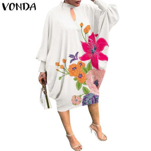 Women Summer Dress 2021 VONDA Beach Sundress Vintage Long Sleeve Printed Mdi Dress Casual Lapel Neck Party Vestidos Elegant Robe